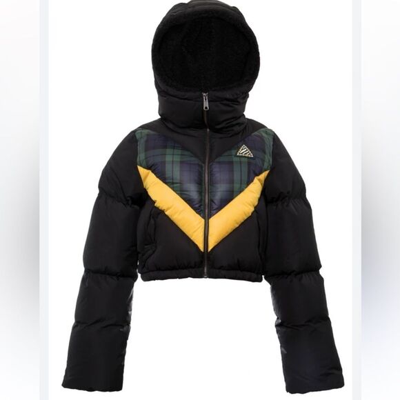 90s Fenty Rhianna Quilted Down Puffer Coat Black Plaid Colorblock Jacket Hood L - Picture 8 of 9